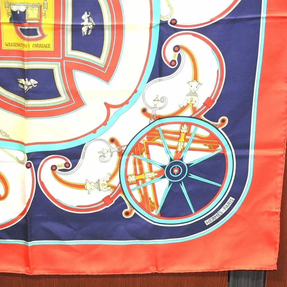 Authentic HERMES Carre 90 Scarf "WASHINGTON'S CARRIAGE" Silk Red - Picture 6 of 14